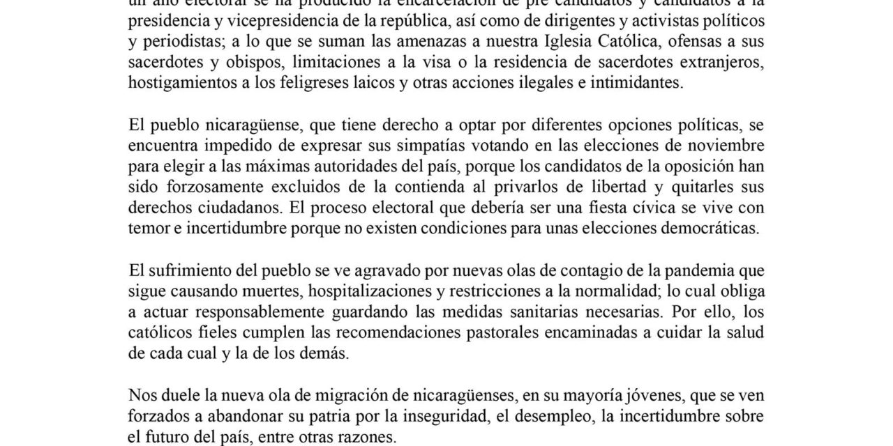 MENSAJE DE COMISION JUSTICIA Y PAZ DE ARQUIDIOCESIS DE MANAGUA