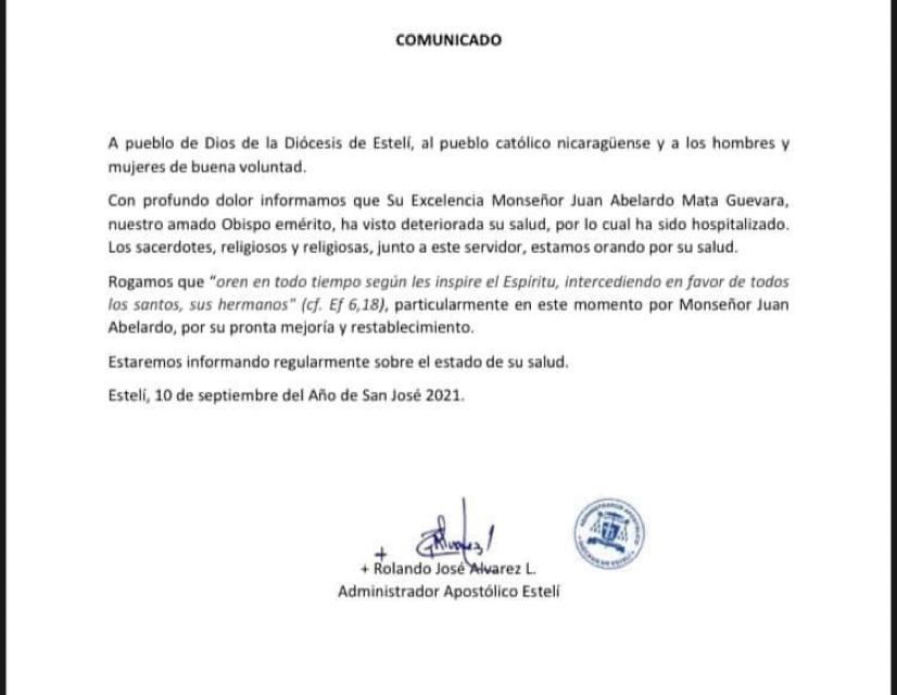 IGLESIA DE NICARAGUA ORA POR LA SALUD DE MONS. MATA GUEVARA