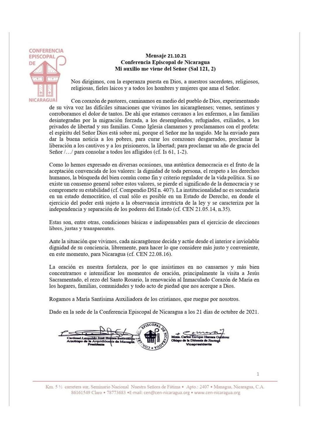 MENSAJE CONFERENCIA EPISCOPAL DE NICARAGUA  21.10.21