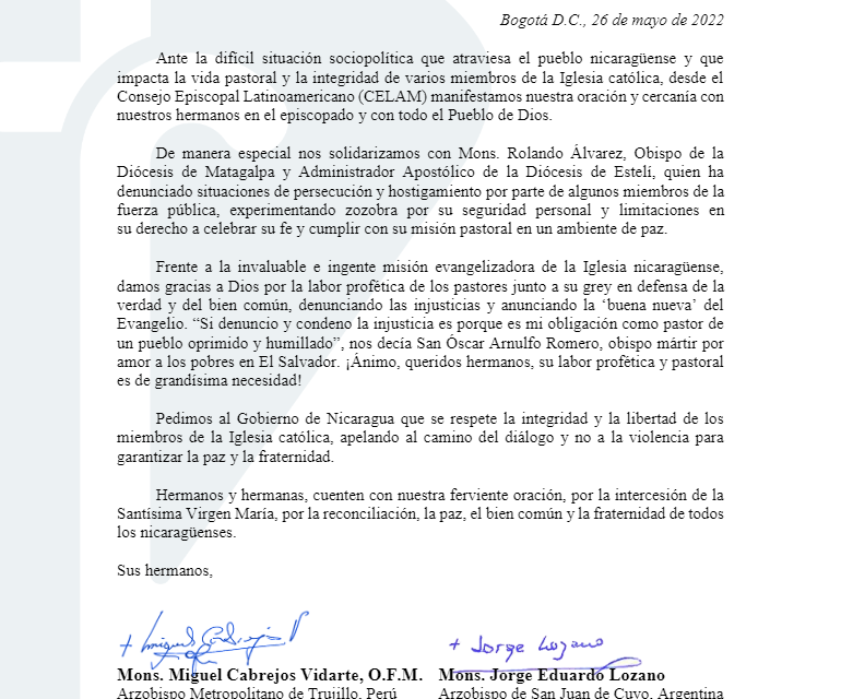 Mensaje del Celam en solidaridad con la Iglesia nicaragüense