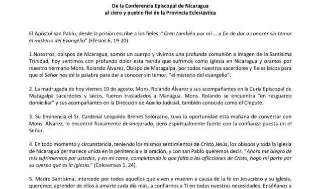 NOTA DE PRENSA CONFERENCIA EPISCOPAL DE NICARAGUA