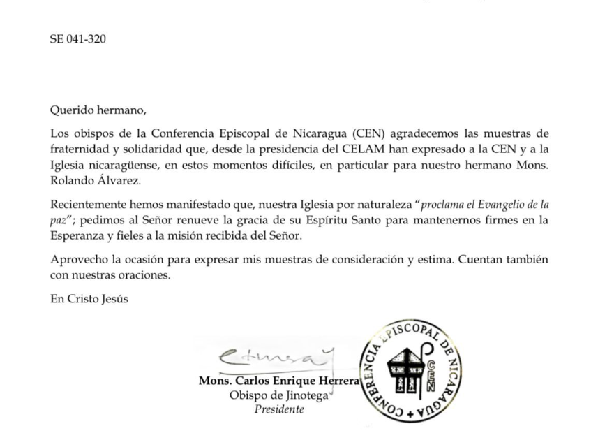 CONFERENCIA EPISCOPAL DE NICARAGUA AGRADECE SOLIDARIDAD DEL CELAM